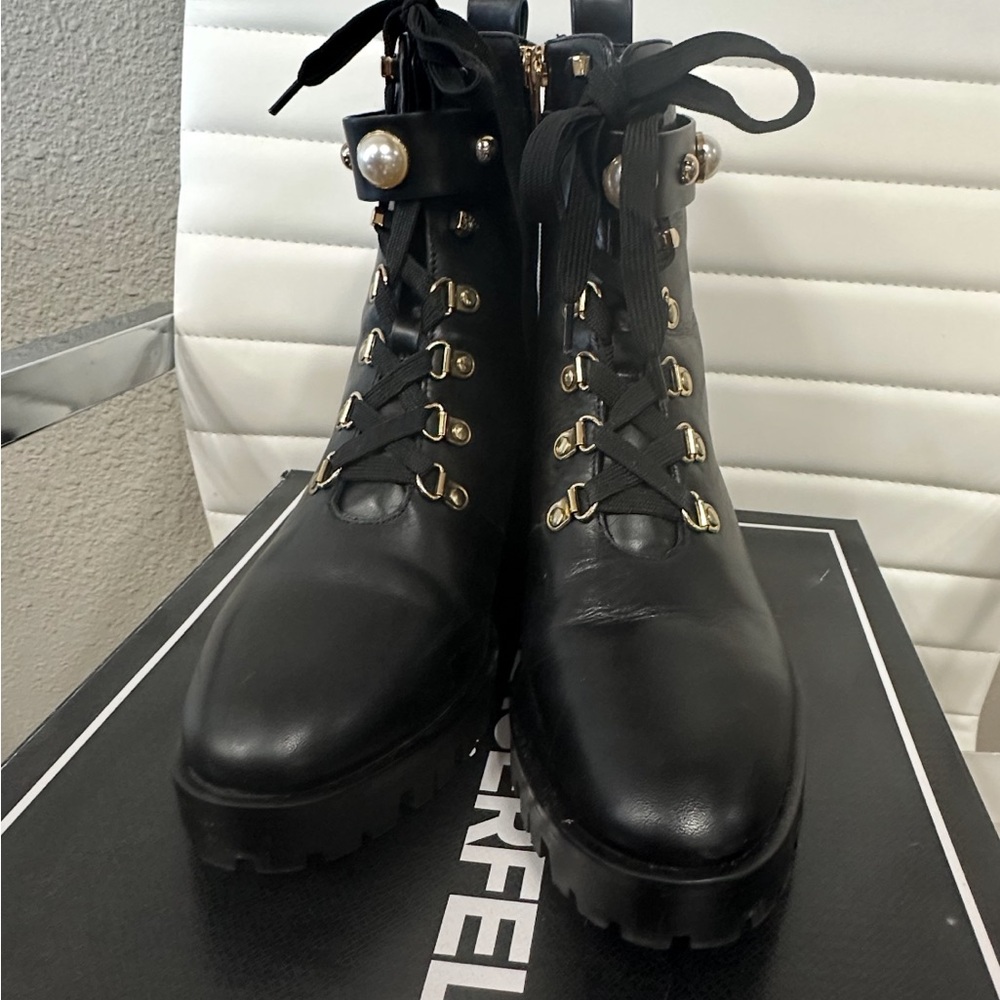 Karl Lagerfeld Black Combat Boots with Gold and Pearl Details